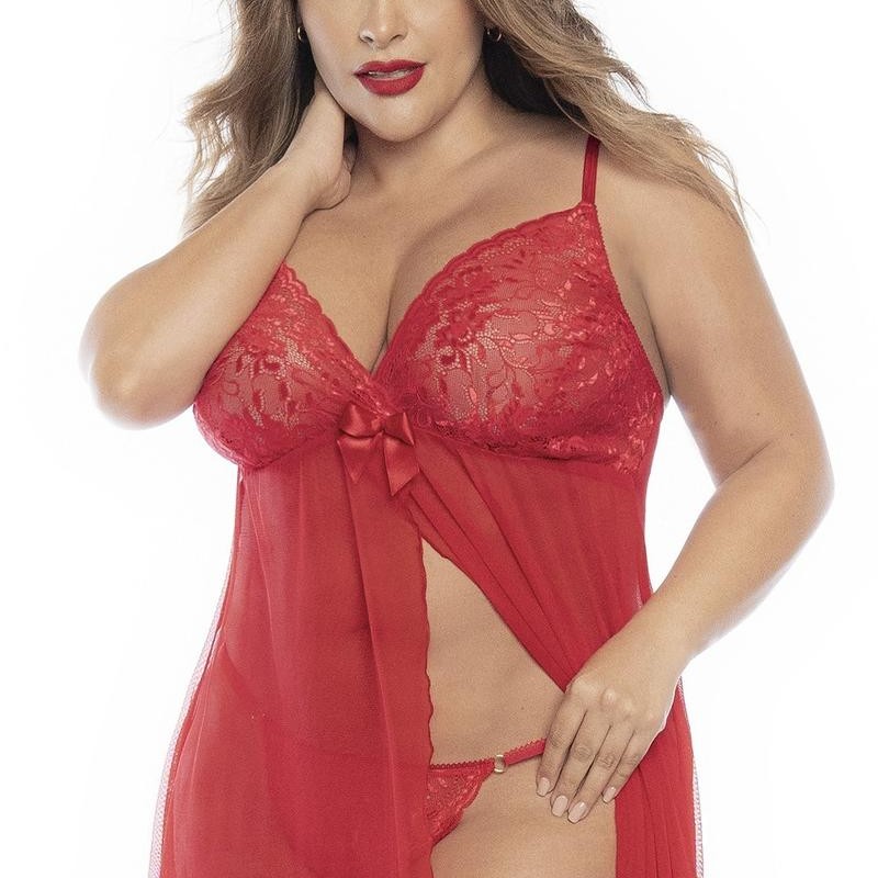 Babydoll en dentelle et résille rouge grande taille - Mapalé