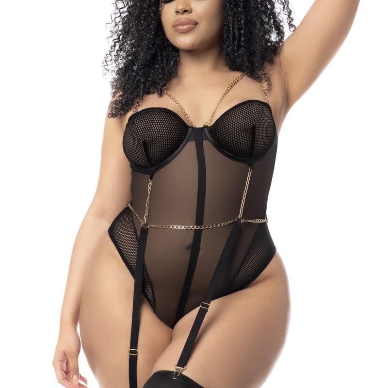 Body noir grande taille en résille avec jarretelles - Mapalé