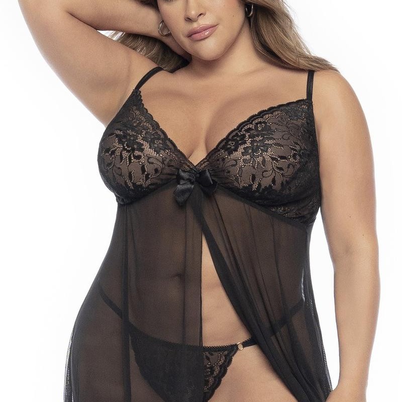 Babydoll en dentelle et résille noire grande taille - Mapalé