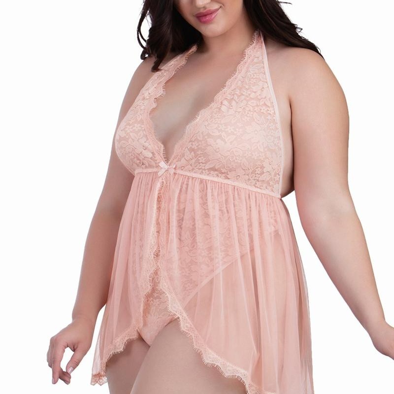 Body rose grande taille en dentelle florale et voile transparent - nuisette sexy - body sexy pas cher