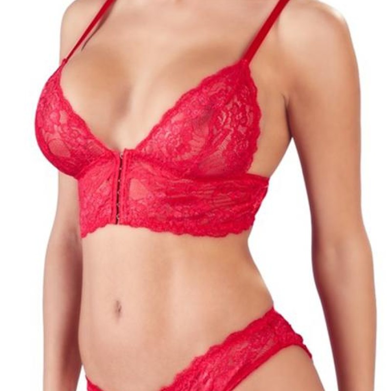 Ensemble soutien-gorge et sa culotte haute en dentelle florale rouge