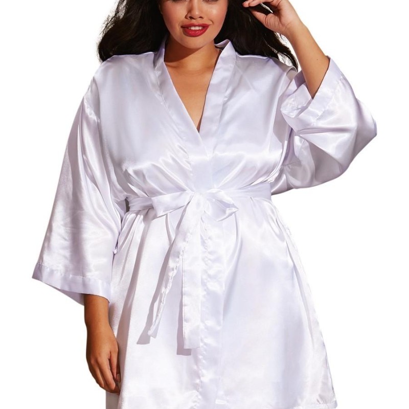 Ensemble grande taille nuisette string et kimono en satin blanc