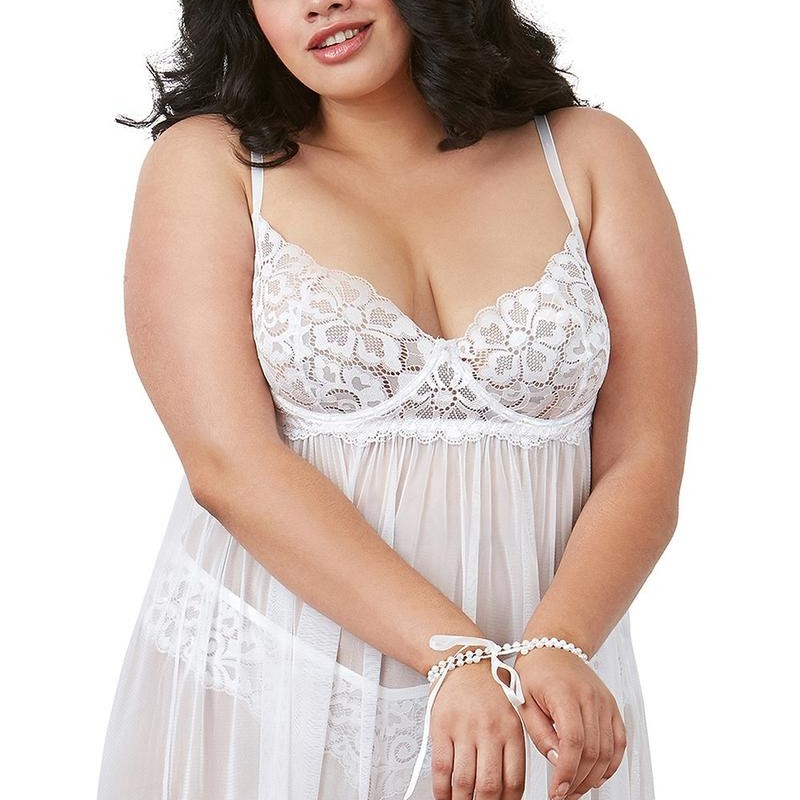 nuisette blanche grande taille en dentelle et tour de cou perles amovible - nuisette sexy pas cher - babydoll pas cher