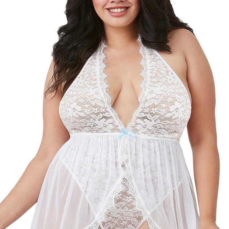 Body blanc grande taille en dentelle florale et voile transparent - nuisette sexy - body sexy pas cher