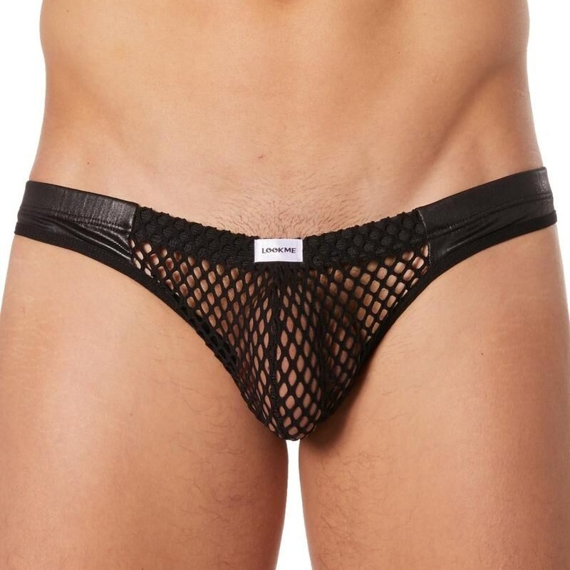 Slip brief noir filet bandes similicuir - lingerie sexy homme pas cher