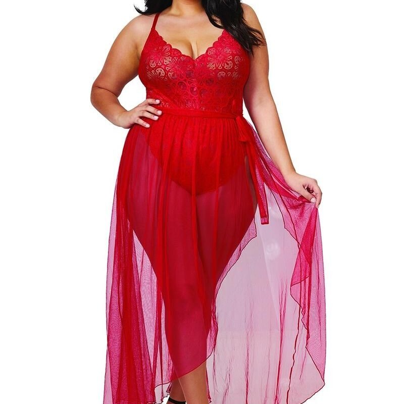 Body string grande taille rouge échancré et jupe transparente