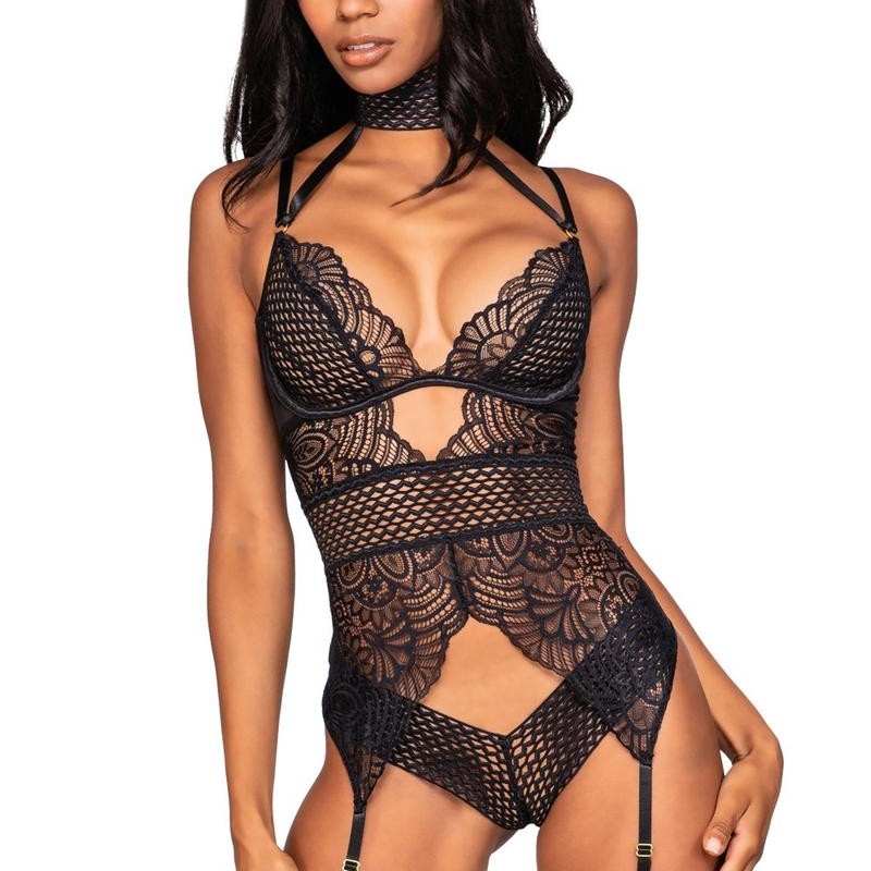 body string avec porte jarretelles noire, dans une dentelle aux forme sexy de la collecion dreamgirl