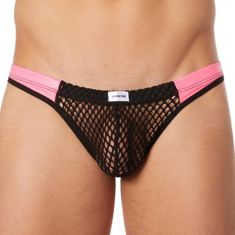 String noir filet bandes similicuir - lingerie sexy homme pas cher