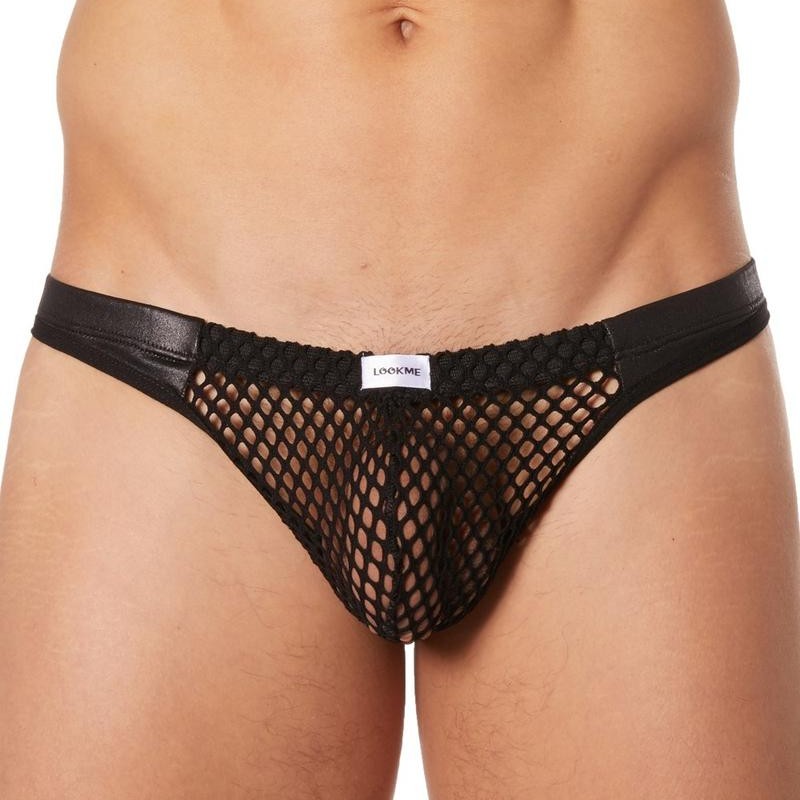 String noir filet bandes similicuir - lingerie sexy homme pas cher