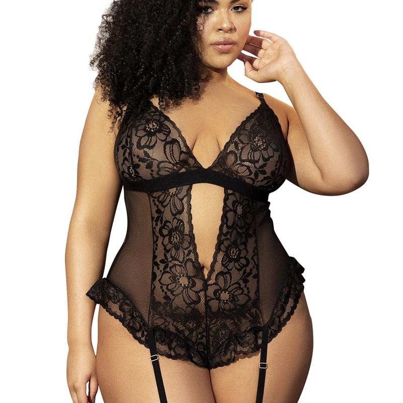 Body noir grande taille en dentelle et porte-jarretelle - Lingerie sexy - Love City