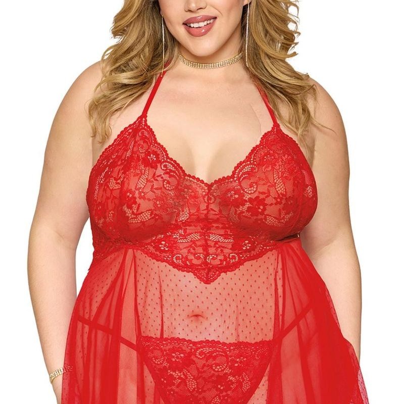 Nuisette rouge à pois avec string assorti grande taille - Dreamgirl