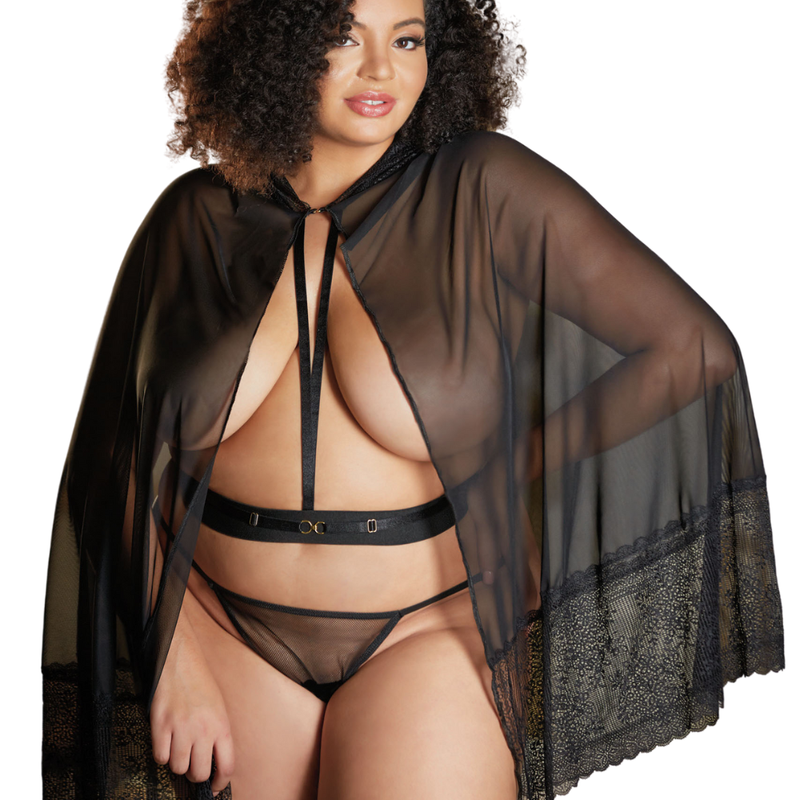 Cape grande taille en fine résille noire et dentelle - Lingerie sexy pas cher