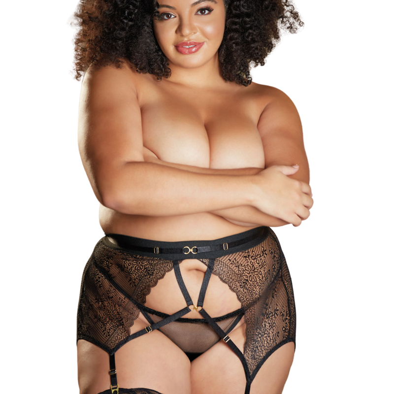 Porte jarretelles  en dentelle noire, grande taille - Lingerie sexy pas cher