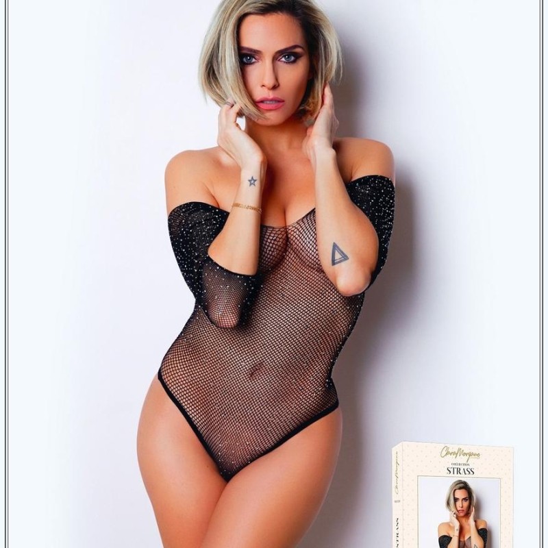 body sexy noir avec manches 3/4 et large décollecté de clara morgane