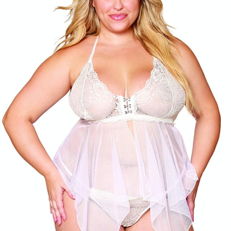 Babydoll et string grande taille en résille et dentelle blanche - DG13314WHT