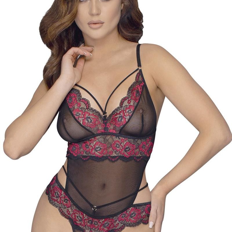 body string en résille transparente noire et dentelle bicolore de la collection cottelli.