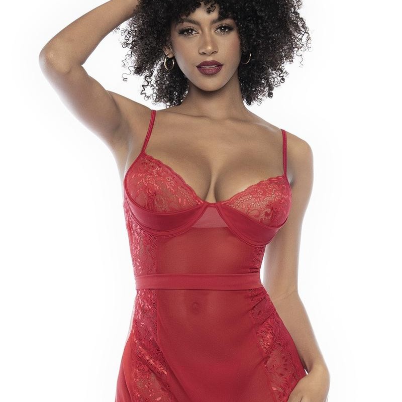 Nuisette en dentelle et résille rouge avec string assorti - MAL7507RED